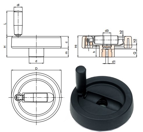 Solid control handwheel with central foldaway revolving handle