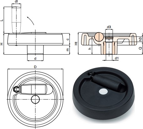 Solid control handwheel with foldaway revolving  handle