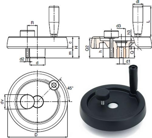 Solid control handwheel with foldaway revolving handle and locking handwheel