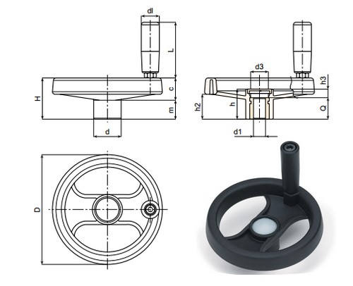 Two spoke control handwheel with revolving handle