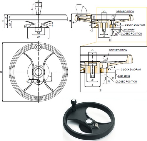 Two-spoke control handwheel with revolving handle and  lock