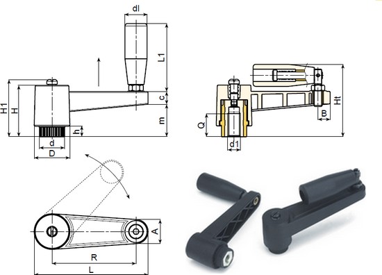 Indexed crank handle with threaded insert and revolving and folding handle