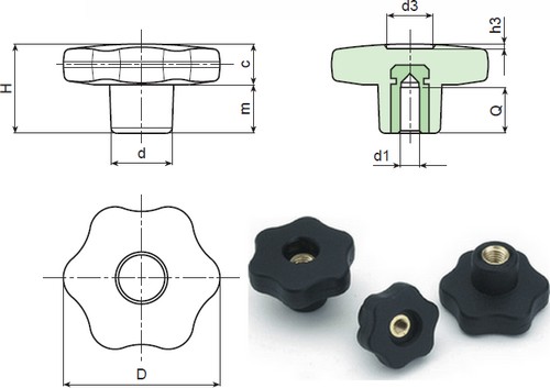 6-lobe handwheel with threaded through female insert